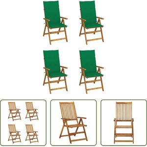 The Living Store Verstelbare Houten Tuinstoelen - Set van 4 - Massief Acaciahout - Groen Kussen - 57x69x111 cm