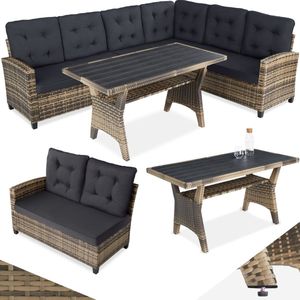 tectake® Wicker zitgroep tuinbank - Loungeset met bank en eettafel - Hoekbank - Buitenlounge - Zithoek - Weerbestendig - Tuin, balkon, wintertuin, terras - Zithoogte 41 cm - Beige