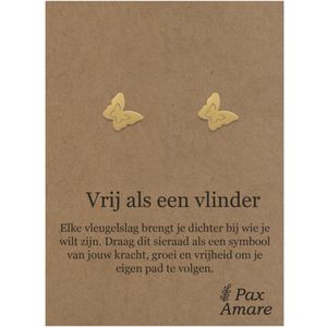 Stainless Steel Vlinder Oorbellen op Cadeau Kaartje - Vrij als een vlinder - ± 10x10mm Oorknopjes Goudkleurig Roestvrij Staal - Pax Amare