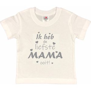 T-shirt Kinderen ""Ik heb de liefste mama ooit!"" Moederdag | korte mouw | Wit/grijs | maat 98/104