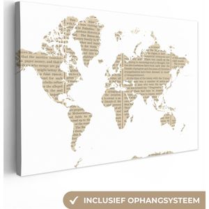 Canvas Wereldkaart - 180x120 - Wanddecoratie Wereldkaart - Wit - Krantenpapier