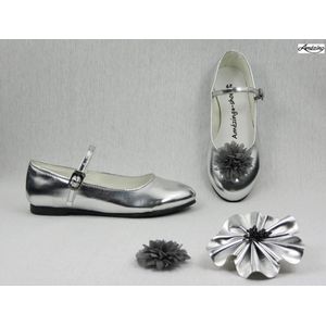 Ballerina's-bruidschoen meisje-prinsessen schoen-schoen zilver glossy-platte schoen-glamour-verkleedschoen-gespschoen-dansschoen(mt 24)