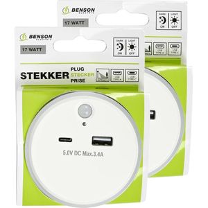 Benson LED nachtlampje - 2x - draadloos - met USB A en C - warm wit - dag/nacht + PIR sensor