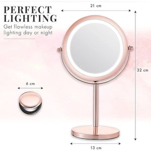 Make-upspiegel met licht, 2-in-1 make-upspiegel, ronde make-upspiegel met ledverlichting + gratis compacte kleine spiegel, roségoud