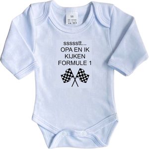 La Petite Couronne Romper Lange Mouw ""ssssstt Opa en ik kijken Formule 1"" Unisex Katoen Wit/zwart Maat 62