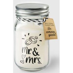 Kaars - Mr. and Mrs. - Lichte vanille geur - In glazen pot - In cadeauverpakking met gekleurd lint