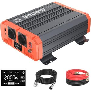 Omvormer 2000W 12V naar 230V met EU Stopcontacten en USB-poorten voor Auto, Caravan en Zonnepaneel