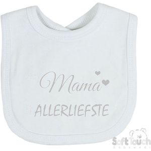 Soft Touch Slabber Slabbetje Slab ""Mijn mama is de allerliefste"" Moederdag Unisex Katoen Wit/zilver shiny Maat 33x22 Cm