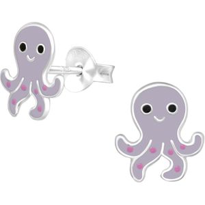 Joy|S - Zilveren octopus oorbellen - 8 x 9.5 mm - paarse inktvis oorknoppen