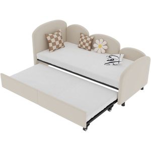 Merax Slaapbank 90x200 cm - Velvet Eenpersoonsbed met Extra Uitschuifbaar Bed 90x190 cm - Beige
