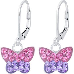 Joy|S - Zilveren vlinder oorbellen - paars roze kristal - leverback sluiting