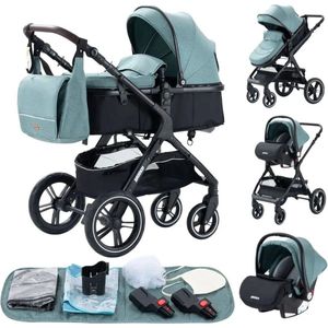 Luxe Kinderwagen - Luxe Kinderkoets - Luxe Babywagen - Luxe Baby Koets - Baby Koets - Kinderwagen - Babywagen - Kinderkoets - Inklapbaar - 3 In 1 - 9KG - Groen