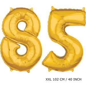 Mega grote XXL gouden folie ballon cijfer 85 jaar. Leeftijd verjaardag 85 jaar. 102 cm 40 inch. Met rietje om ballonnen mee op te blazen.