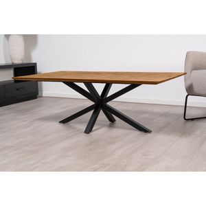 Florence salontafel met rechthoekig mango houten blad van 130 x 70 cm met facetrand aan onderzijde. Bladkleur naturel gezandstraald afgewerkt. Onderstel is een spinpoot in de kleur zwart.