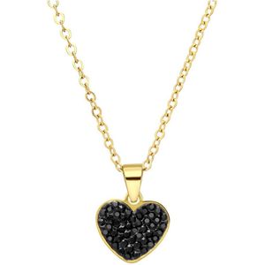 Lucardi Dames Stalen goldplated ketting hart met kristal zwart - Ketting - Staal - Goudkleurig - 47 cm