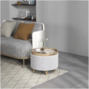 Sitzhocker Ottomane mit Stauraum Runder Polsterhocker mit Klappdeckel, Holzbeine, Modern, für Wohnzimmer, Schlafzimmer, Weiß, Ø56 x 42 cm