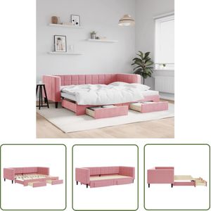 The Living Store Slaapbank met onderschuifbed en lades 90x200 cm fluweel roze - Slaapbank - Sofa Bed - Tweepersoonsbed - Rozerood Meubilair - Fluweelsofa