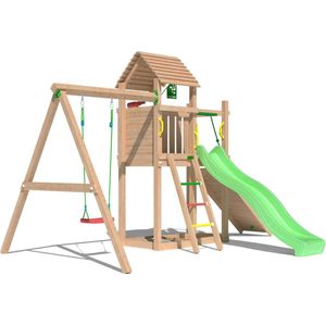 Jungle Gym Speeltoestel van Douglas Hout - Jungle Cove met Groene Glijbaan - Tuin Speeltoestel voor buiten met Zandbak,Schommel en Speelhuisje