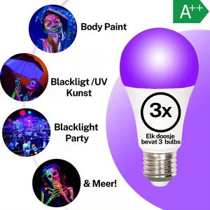 GlowPro - UV Lamp - Blacklight - Glow in the Dark - Blacklight LED Lamp - Blacklight UVA LED Lamp - UV - E27 Fitting - 9 Watt - LED - Feestje - Halloween - Feestlamp - set van 3 Lampen