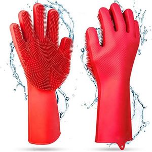 Magic siliconen schoonmaak handschoenen met ingebouwde borstels - multi-functionele poetshandschoenen - rood - 1 paar