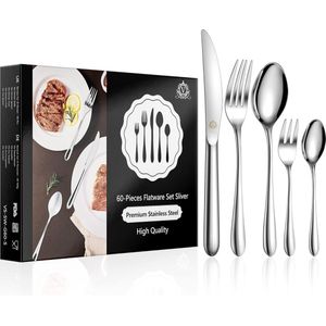 JGS ® Bestekset voor 12 personen, 60-delig zilveren bestek met mes, vork, lepel, dessertlepel, 18/10 roestvrij staal, gepolijst, met geschenkdoos, vaatwasmachinebestendig
