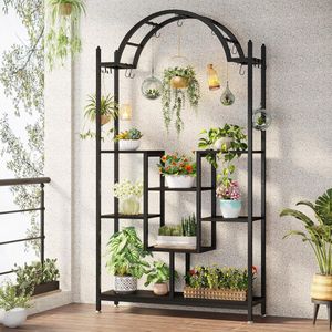 Tribesigns Plantenrek - Plantenstandaard - Plantenrek voor binnen en buiten - Plantenrek met 5 niveaus en 8 S-haken - Zwart - 100 x 30 x 190 cm