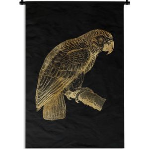 Wandkleed Vintage Afrikaanse dieren - Vintage afbeelding van een Afrikaanse papegaai in het goud op een zwarte achtergrond Wandkleed katoen 60x90 cm - Wandtapijt met foto