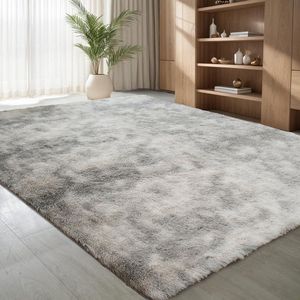 Woonkamertapijt, donzige zachte tapijten voor de slaapkamer, hoogpolig wasbaar bedtapijt, Carpet Relax voor woon- en slaapkamer, tie-dye aquagrijs, 160 x 230 cm