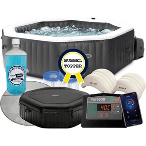 Intex Pure Spa Jet & Bubble Deluxe | 2022 Model | 6 personen | Inclusief Aquaswan chloorvrije vloeibare Multitabs | Complete set met extra accessoires zoals: 2 hoofdsteunen, Chloor teststrips, opbergzak, onderzeil en deksel