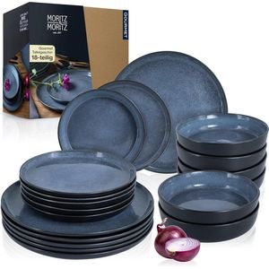 VIDA 18-delige serviesset voor 6 personen van keramiek zwart-grijs-blauw - Inclusief platte borden, soepborden en ontbijtborden