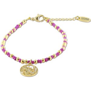CO88 Colection 8CB-91021 Stalen Armband met Kralen - Dames - Goudkleurig - 3 mm - Fuchsia - 2,5 mm - Hartje - 5 mm - 16,5 + 3 cm