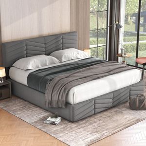 Sweiko Stoffering Bed, Dubbel Bed, Hydraulisch Functioneel Bed, Fluweel, Stripe Style, Continental Bed, Hoogte Verstelbaar Hoofdbord, 180 x 200, Grijs