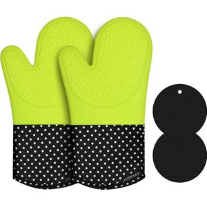 Siliconen handschoenen waterdichte hittebestendige ovenhandschoenen antislip ovenwanten BBQ bakken rookhandschoenen pannenlappen met 2 pads (groen)