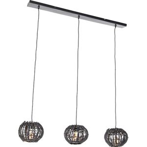 QAZQA canna - Landelijke Hanglamp voor boven de eettafel | in eetkamer - 3 lichts - L 123 cm - Zwart - Woonkamer | Slaapkamer | Keuken