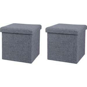 Urban Living Poef/hocker - 2x - opbergbox zit krukje - grijs - linnen/mdf - 37 x 37 cm - opvouwbaar