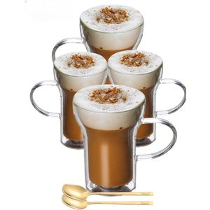 Dubbelwandige Koffieglazen Met Oor - Set van 4 - 400 ML - Gratis 4x Lepels - Latte Macchiato Glazen - Dubbelwandige Theeglazen - Cappuccino Glazen
