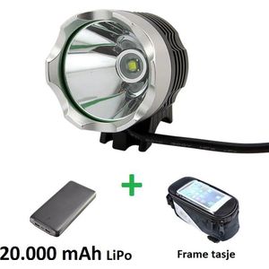 1200 lumen MTB/race LED koplamp set CREE T6 USB aansluiting - EXTREEM veel licht - 100 meter- met 20.000mAh LiPo Powerbank en handig frametasje