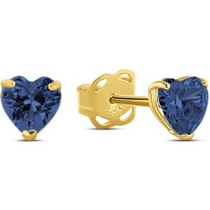 New Bling 9NBG-0688 Gouden Oorbellen met Zirkonia - 4,3x4mm - Hartje - Blauw - Zirkonia - Oorknopjes - 14 Karaat - Goud