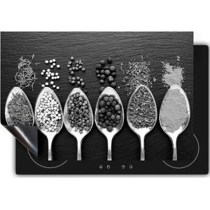 Chefcare Inductie Beschermer Lepels met Kruiden op Zwarte Marmer - Zwart Wit - 85x50 cm - Afdekplaat Inductie - Kookplaat Beschermer - Inductie Mat