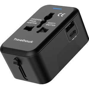 TravelHawk Universele Wereldstekker met USB-C en USB Poort - Reisstekker - Internationale Reisstekker voor 150+ landen - Amerika (USA) - Engeland (UK) - Australië - Azië - Zuid Amerika - Afrika - Wereldstekkers - Zwart