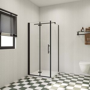 80x70x185cm douchecabine met inklapbare vouwdeur en vaste zijwand, 6mm helder EasyClean veiligheidsglas,mat zwarte aluminium frame, stabilisatiestang 50 cm