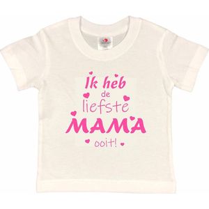 T-shirt Kinderen ""Ik heb de liefste mama ooit!"" Moederdag | korte mouw | Wit/roze | maat 122/128