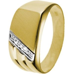 Lucardi Heren Zegelring met diamant 0.01ct - Ring - Cadeau - 14 Karaat Goud - Geelgoud