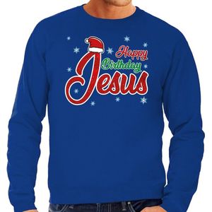 Foute Kersttrui / sweater - Happy Birthday Jesus / Jezus - blauw voor heren - kerstkleding / kerst outfit M