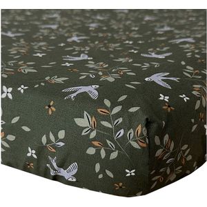 BINK Bedding Hoeslaken Merel 70 x 150 cm - groen - zachtgroen - jade - lila - caramel - vogel - bloemen - tweezijdig - juniorbed - peuterbed - peuter - kleuter