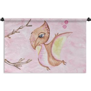 Wandkleed - Wanddoek - Dinosaurus - Kinderkamer - Takken - Meisjes - Kinderen - Roze - 120x80 cm - Wandtapijt