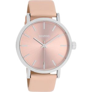 OOZOO Timepieces - Zilverkleurige OOZOO horloge met perzik crème leren band - C11193