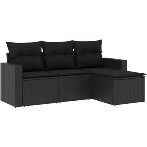 The Living Store 4-delige Loungeset met kussens poly rattan zwart - Loungebank - Lounge Set - Tuinset - Buitendecoratie - Outdoor Furniture