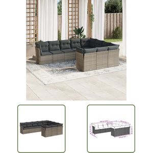 The Living Store 10-delige Loungeset met kussens poly rattan grijs - Tuin Lounge Set - Loungebank - Tuinset - Buitendecoratie - Outdoor Furniture