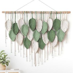 Boho macramé wandtapijt met bladeren en kwastjes – Handgemaakt decor voor slaapkamer en woonkamer